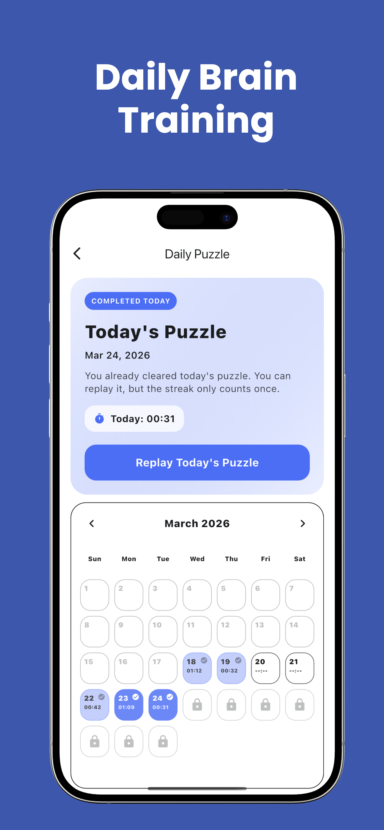 Piply daily puzzle screen with calendar streaks